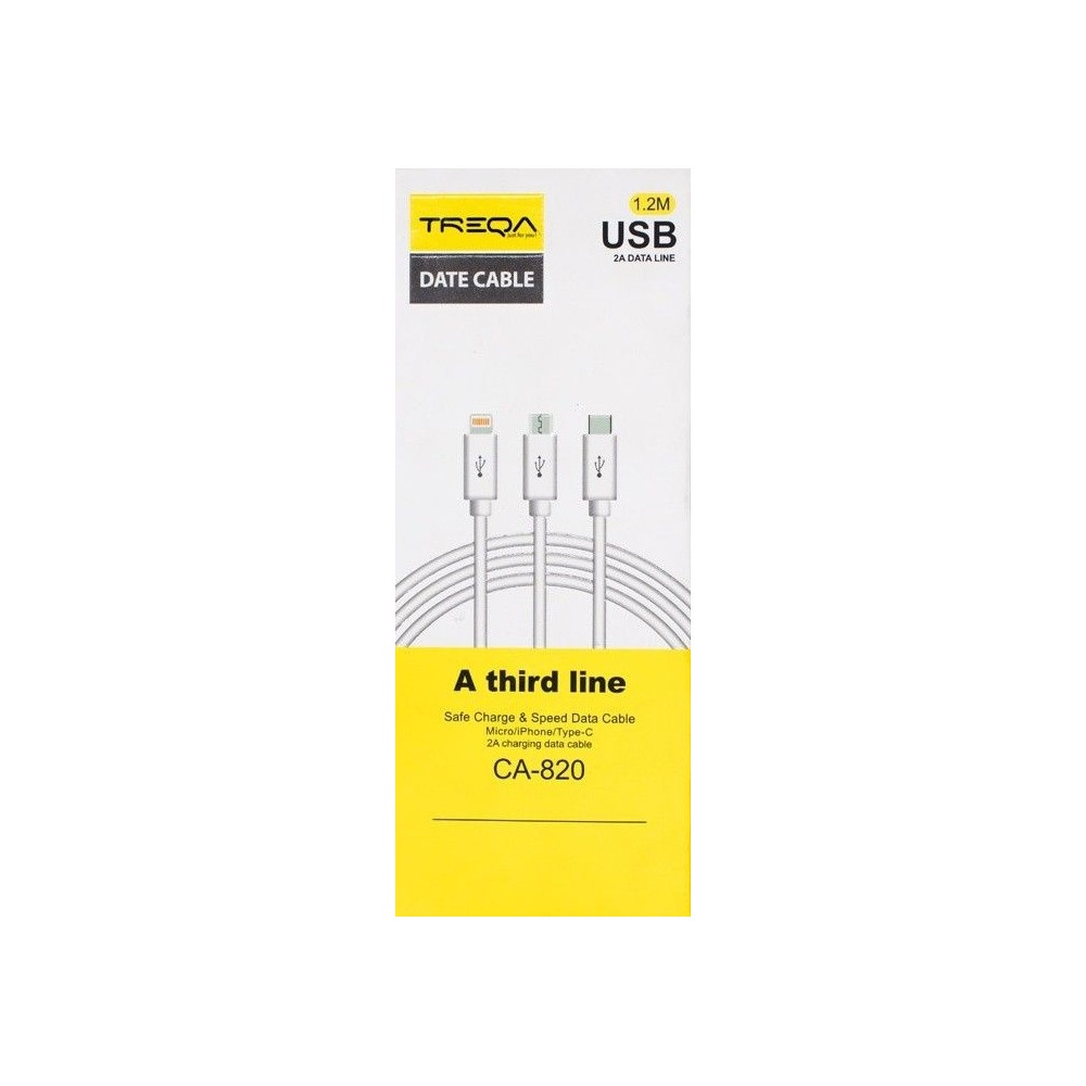 TREQA CA-820 2.1A 3u1 Micro-TypeC-iOS USB Kabal 1.2m TREQA CA-820 2.1A 3u1 Micro-TypeC-iOS USB Kabal 1.2m
